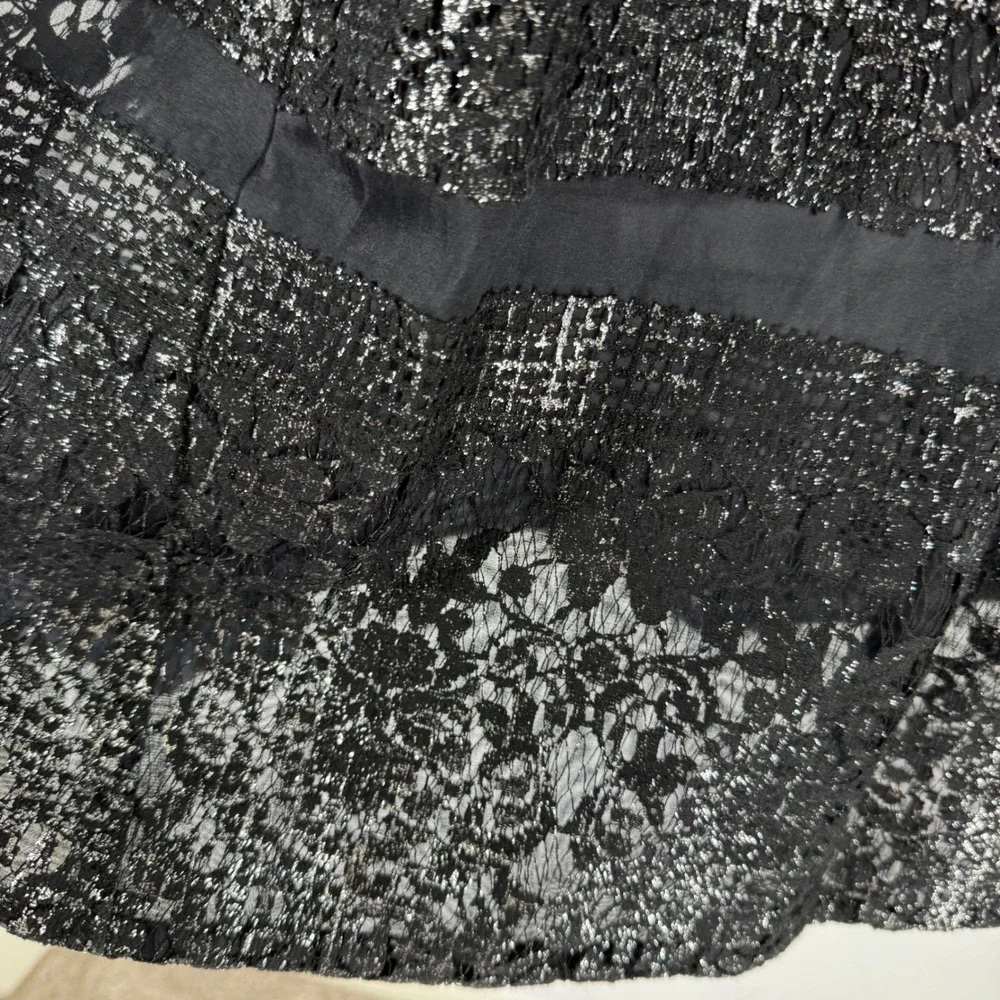 Rebecca Taylor Metallic Lace Silk Stripe‎ Midi Skirt Black Silver 12 Party Glam